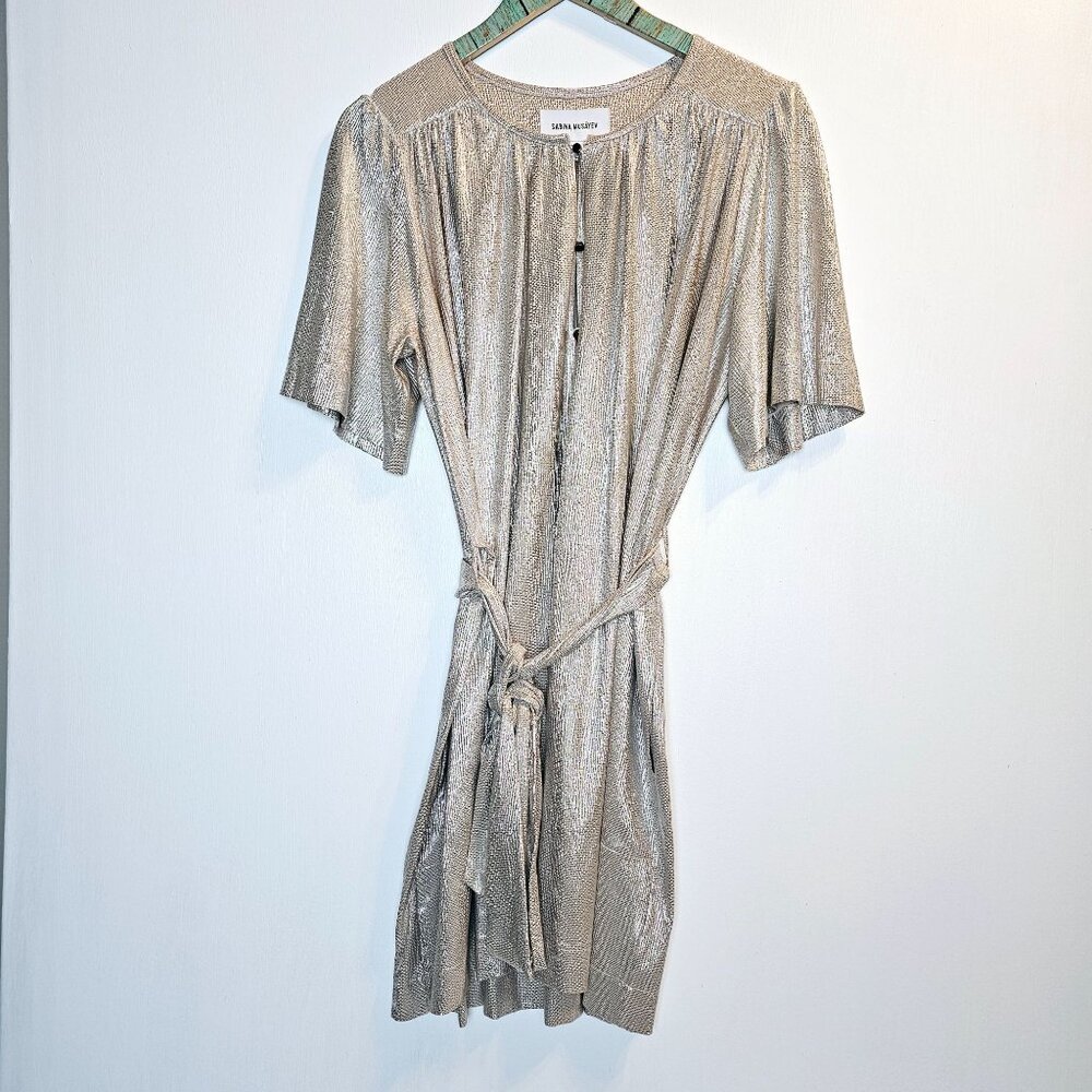 Sabina Musayev Anthro Gold Tiny Tile Raised Texture Blouson Dress & Waist Tie, M - Picture 2 of 12